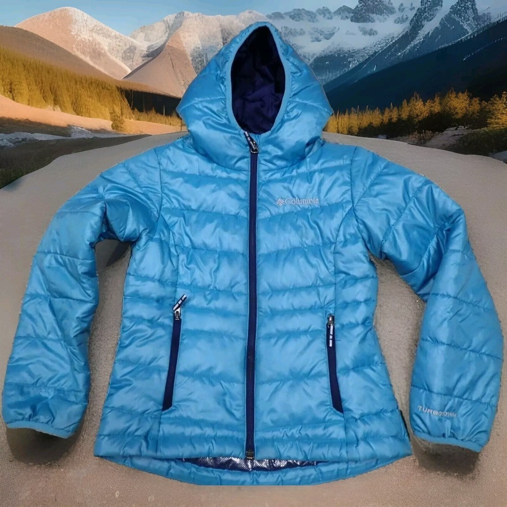 Columbia TurboDown Puffer Jacket Girls XS Blue Excellent 550TD Omni-Heat Hooded
